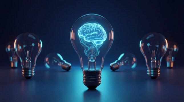 Light bulbs with glowing brain illustration in the center, representing creativity and innovation against a dark blue background