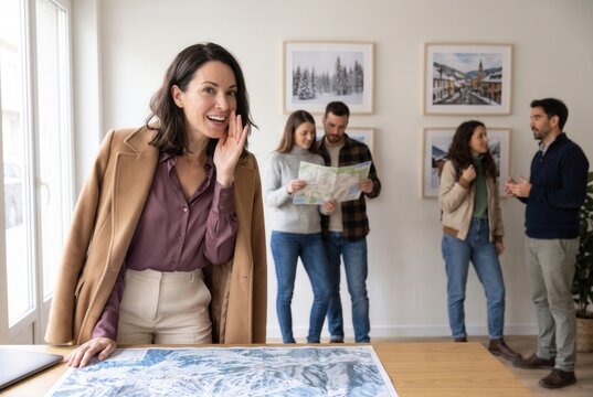 Professional woman talking looking at camera, people planning travel in a modern office