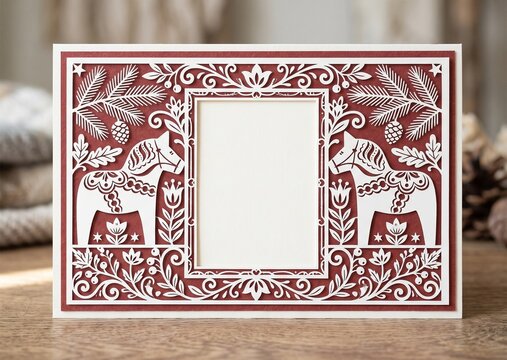 Swedish Dala Horse Nordic Papercut Christmas Card Template with Red Background and Copy Space
