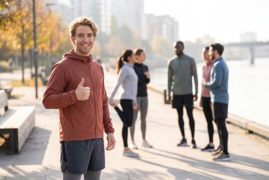 Happy man giving thumbs up, leading a diverse group of runners preparing for exercise outdoors
