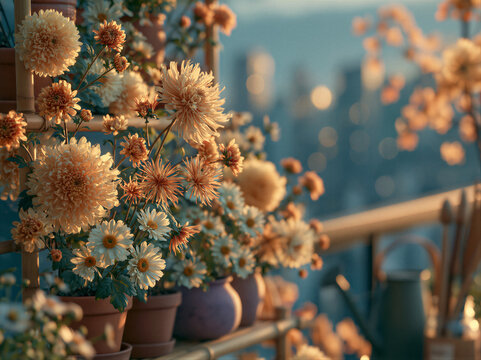 Sunlit balcony garden with bamboo shelves, terracotta pots of autumn mums and daisies, golden light on petals, soft city bokeh, shallow focus, right copy space for lifestyle blogs and brand ads.