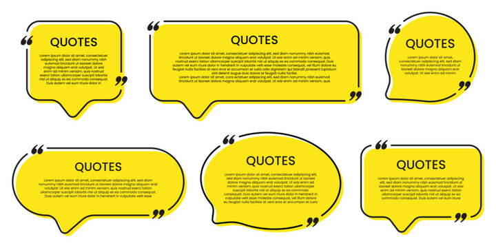 Set of yellow isolated quote frames. Speech bubbles with quotation marks. Quote frame with space for text. Set of quotation bubbles. Quote text box collection. Vector illustration.