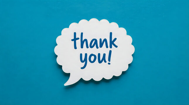 Scalloped speech bubble with handwritten text thank you on vibrant cyan background