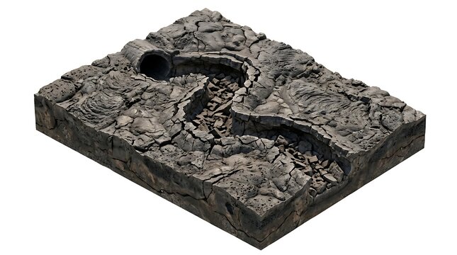 Isometric cross section of an isolated dried earth terrain block with drainage pipe