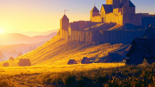 Medieval Wooden Fortress on a Green Hill Overlooking a Rustic Village with Towers and Defensive Palisade Walls