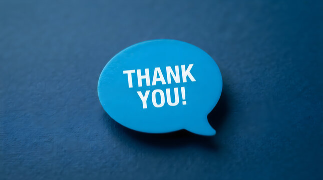 Blue speech bubble with the words thank you on a dark blue background