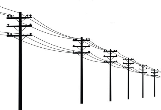 A series of wooden electrical utility poles arranged in a perspective line with multiple power cables and crossarms stretching across a plain white background area