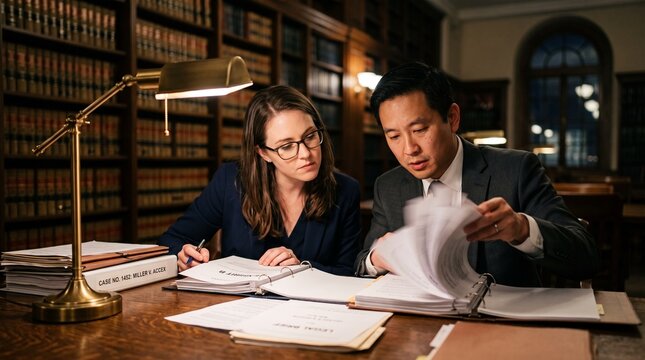 Diligent lawyers working late at night in a classic wooden library reviewing important case files and legal document evidence together