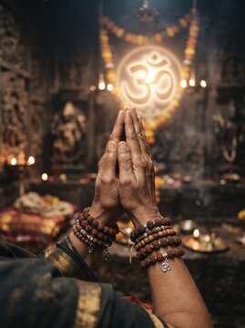 Person praying with hands in Namaste mudra, wearing rudraksha beads bracelets inside an Indian temple with glowing Om symbol in the background