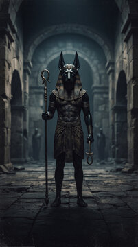 A majestic and imposing statue of Anubis, the ancient Egyptian jackal-headed god of the afterlife, holding a staff and ankh, standing in a dark, atmospheric stone hall with arched corridors.