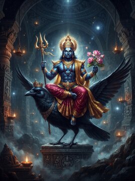 Hindu deity Shani Deva riding a giant black crow in a mystical temple setting.