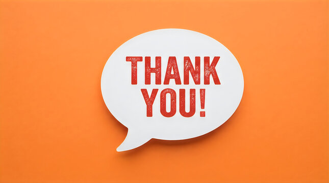 A papercut speech bubble on an orange background, featuring thank you in bold, textured red typography