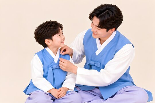 아빠가 아들의 한복 매무새를 정리해 주는 명절 모습Generating AI
