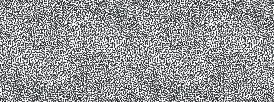 Seamless monochrome stipple pattern formed by dense irregular black dots on white background, creating organic granular texture for modern wrapping paper, textile prints, wallpapers and surface design