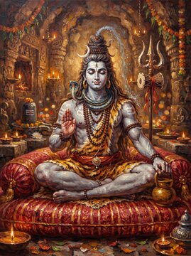 Lord Shiva meditating in a divine temple surrounded by lamps and sacred symbols, digital art depicting Hindu mythology and spirituality