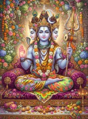 Obraz premium Vibrant illustration of three-faced Lord Shiva seated on a floral throne with a trident.