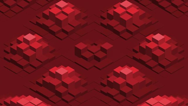 Dark Red Isometric Cubes Abstract Background Loop. Abstract 3D Isometric Red Block Pattern Motion Loop