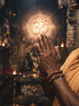 A close-up of a person's hands joined in prayer, wearing a traditional orange robe, with a glowing Om symbol in the background inside a temple.