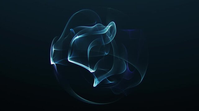 Cyan and blue glass energy sphere floats on a dark futuristic background with soft flowing ribbons, ideal for AI, technology and sci-fi design.