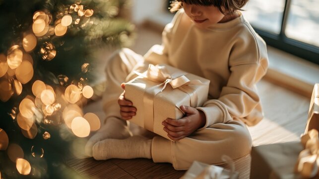Child sitting in a cozy room opening a wrapped Christmas gift.