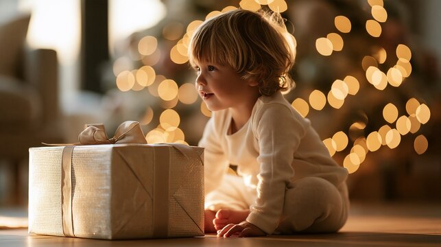 Happy child holding a wrapped Christmas gift near glowing lights.
