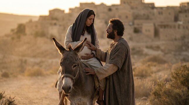 Mary riding a donkey with Joseph walking in a nativity scene.