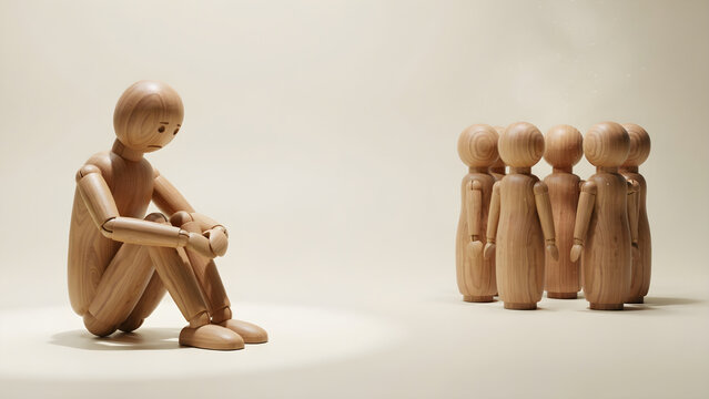 Sad wooden person sitting alone away from a group of people