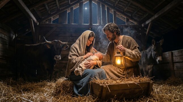 Nativity scene of Mary holding baby Jesus with Joseph in the stable.