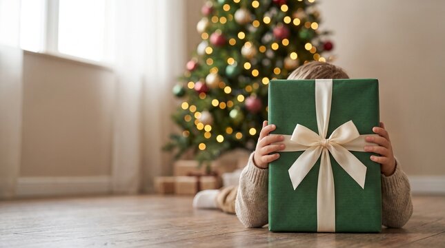 Person holding a green Christmas gift box with white ribbon.