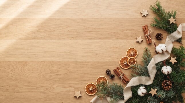 Christmas flat lay background with dried oranges and spices on wood.