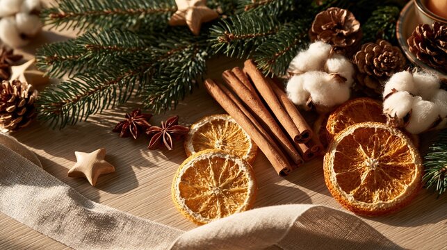 Winter holiday flat lay with dried oranges, cinnamon sticks, and cotton.