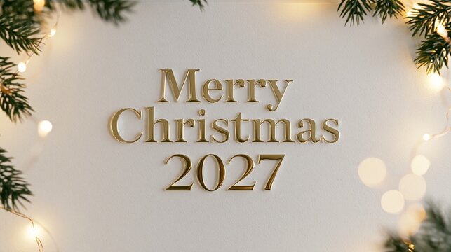 Elegant golden Merry Christmas 2027 text on white background.