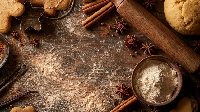 Christmas baking background with rolling pin, flour, and winter spices.