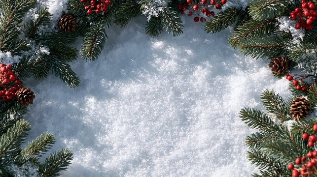 Winter snowy background framed by fir branches and red berries.