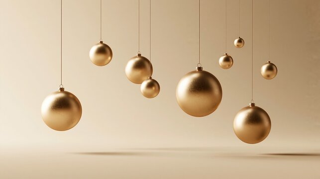 Elegant golden Christmas baubles hanging on a beige background.