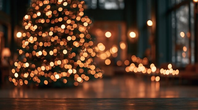 Blurred background of a cozy living room with a glowing Christmas tree.