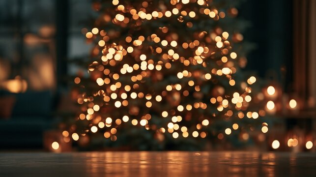Blurred background of glowing Christmas tree lights.