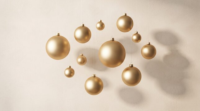 Composition of golden Christmas baubles on a beige background.