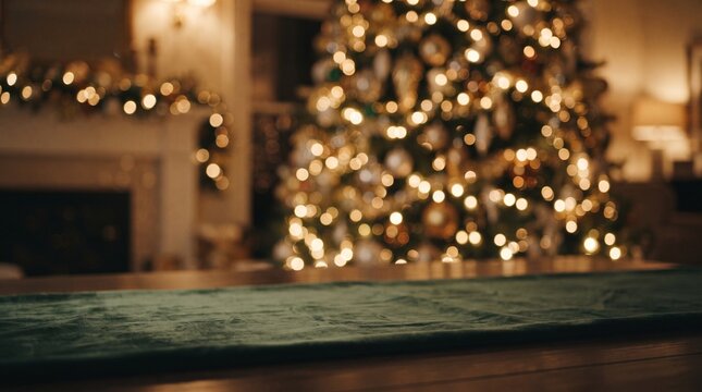 Blurred background of a room with a glowing christmas tree.