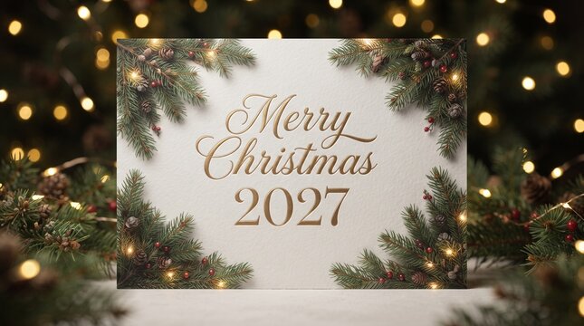 Merry Christmas 2027 golden text greeting card on white background.