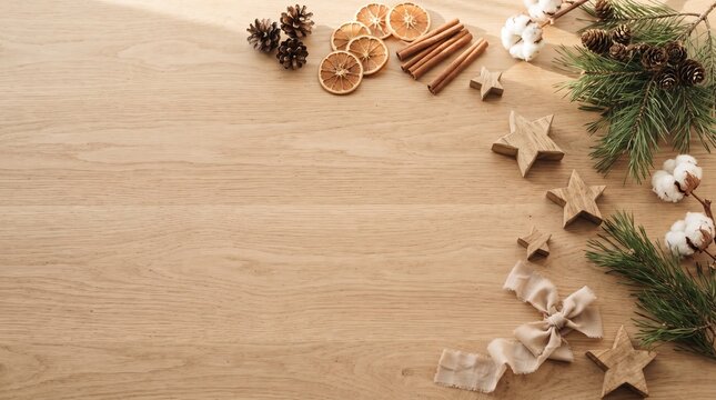 Christmas flat lay background on wooden table with dried oranges and cinnamon.