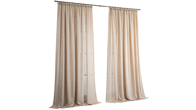Pair of beige linen curtains isolated on transparent background