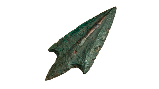 Ancient prehistoric stone arrowhead artifact isolated on transparent background