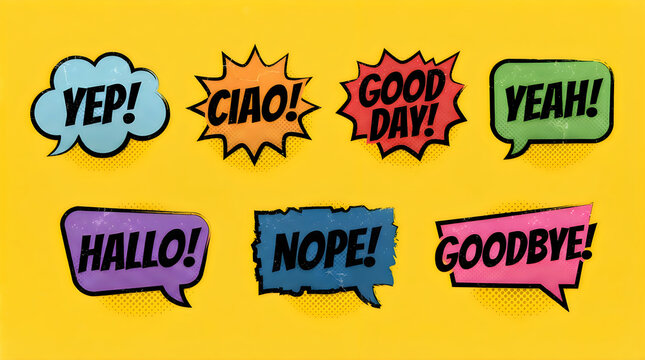 Retro comic speech bubbles with words yep, ciao, good day, yeah, hallo, nope, goodbye on yellow background