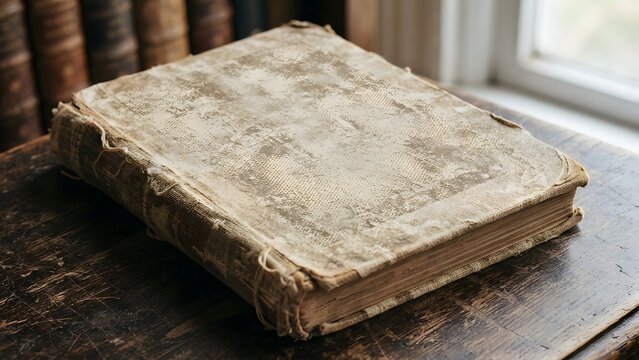 Vintage leather bound book with aged pages resting on a rustic wooden table near a window