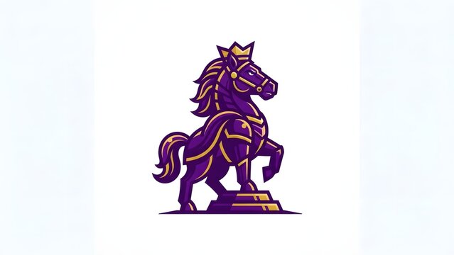 Stylized majestic purple and gold horse chess piece wearing a crown, standing on a pedestal, digital illustration, emblem, logo design concept