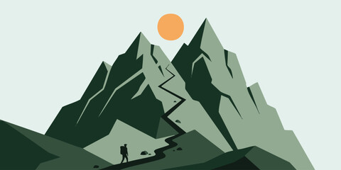 Obraz premium Minimalist illustration of a lone hiker conquering a steep mountain peak at sunset with winding path