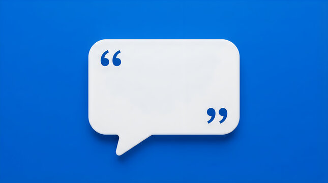 3d render of a blank white speech bubble with quotation marks, set against a solid blue background, designed for messages or quotes