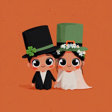 Illustration of bride and groom with leprechaun hats celebrating their wedding