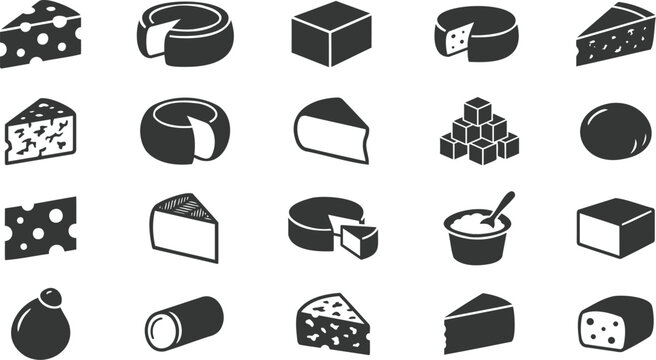Dark gray solid cheese variety icons featuring different dairy products from wedges to blocks and rounds for food menus.